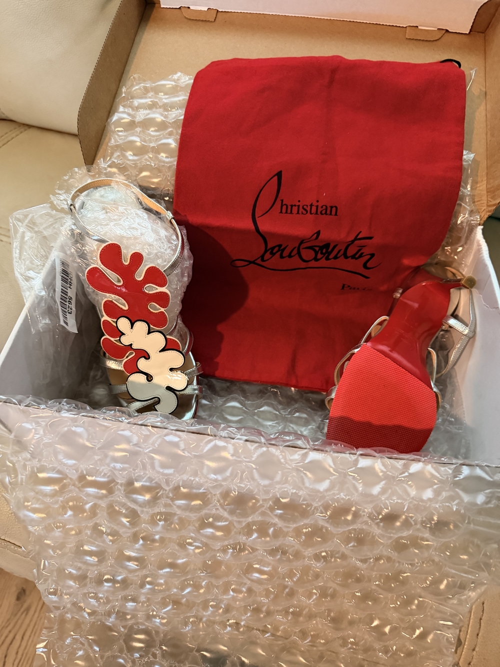 Christian Louboutin Red and Cream Floral Appliqué Slingback Sandals - Picture 3 of 4